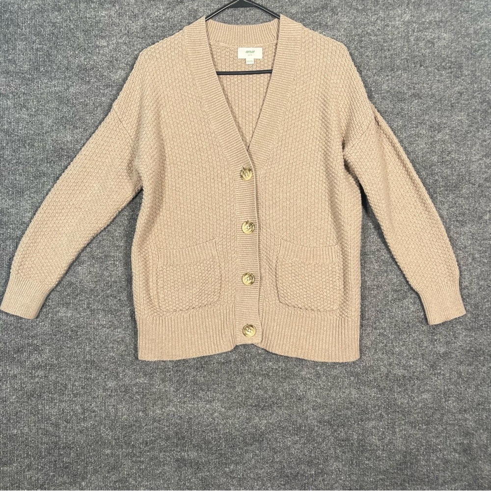 Aerie XS Tan Chunky Knit Grandpa Big Button Pocket Cotton Cardigan‎ Sweater